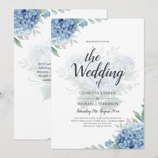 Invitación de Boda Floral de Hortensia Azul Modern (Anverso / Reverso)