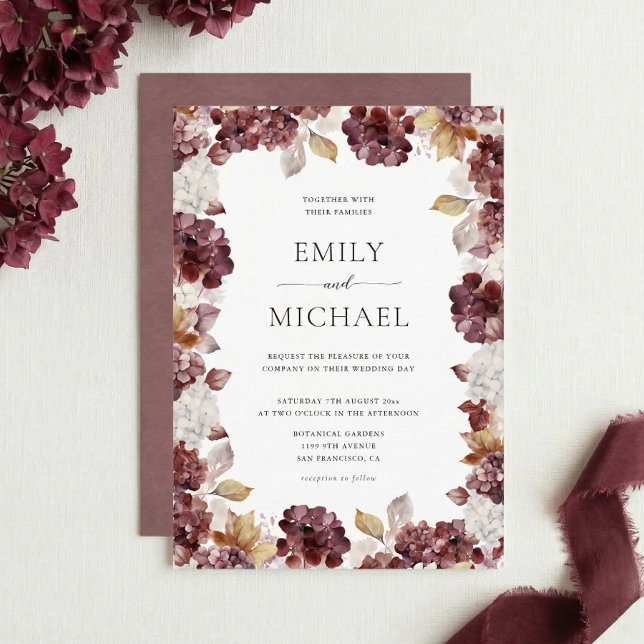 Invitación de boda floral de hortensia de Borgoña (Subido por el creador)
