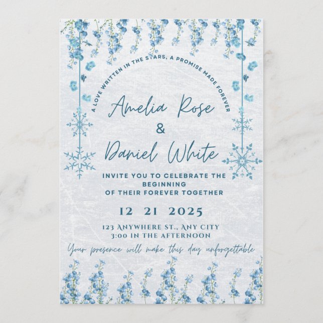Invitación de boda floral de invierno azul (Anverso)