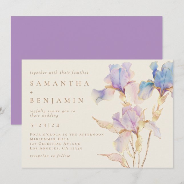 Invitación de boda floral de iris elegante (Anverso / Reverso)
