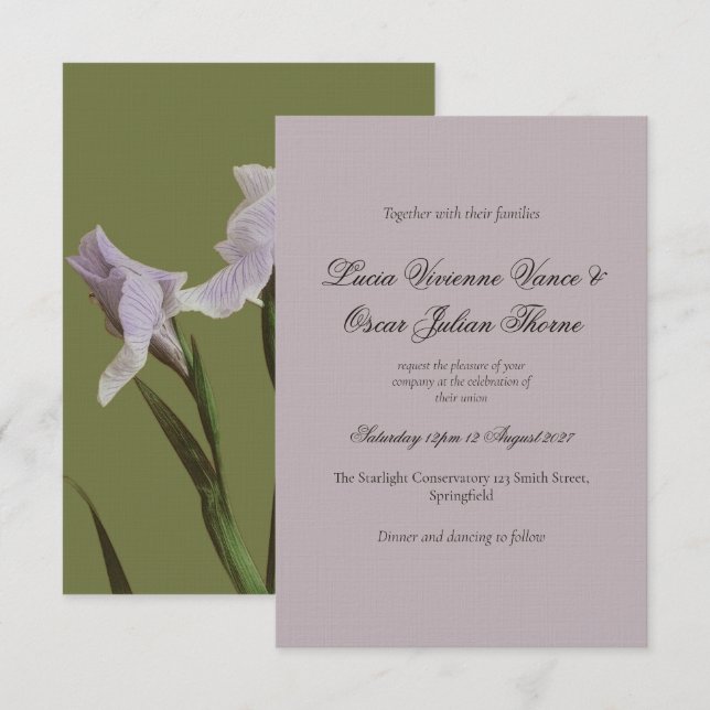 Invitación de Boda Floral de Iris Lavanda Malhumor (Anverso / Reverso)