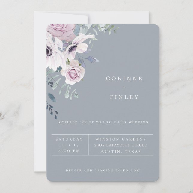 Invitación de boda floral de jardín azul polvorien (Anverso)