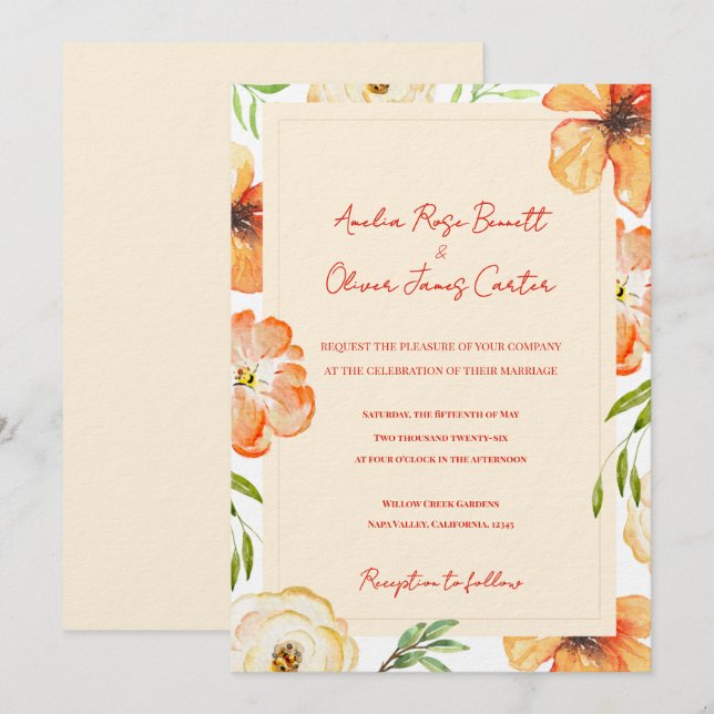 Invitación de boda floral de jardín de melocotón s (Anverso / Reverso)