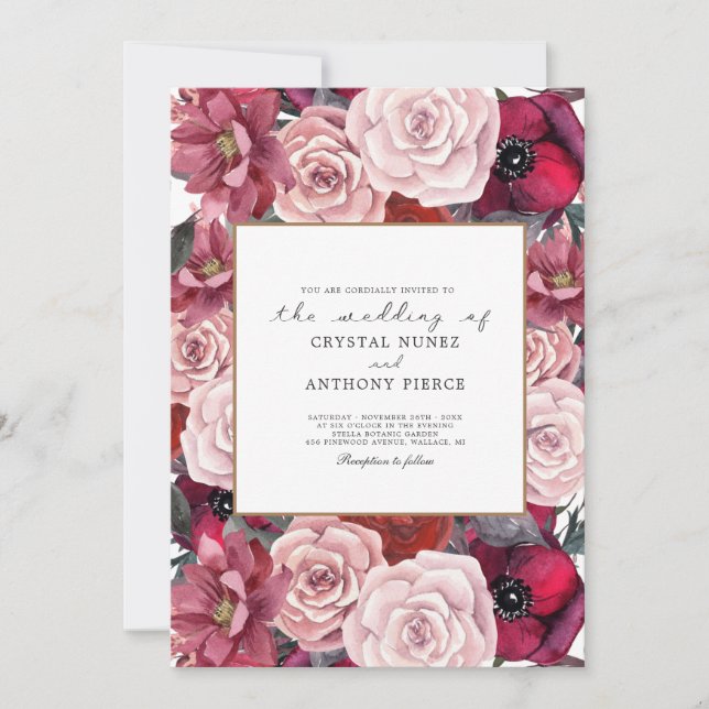 Invitación de Boda floral de la flor de Borgoña (Anverso)
