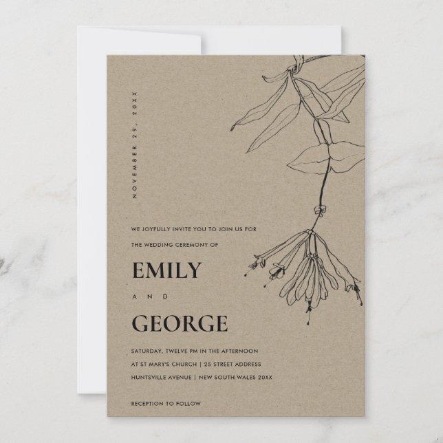 INVITACIÓN DE BODA FLORAL DE LA LÍNEA DE KRAFT MOD (Anverso)