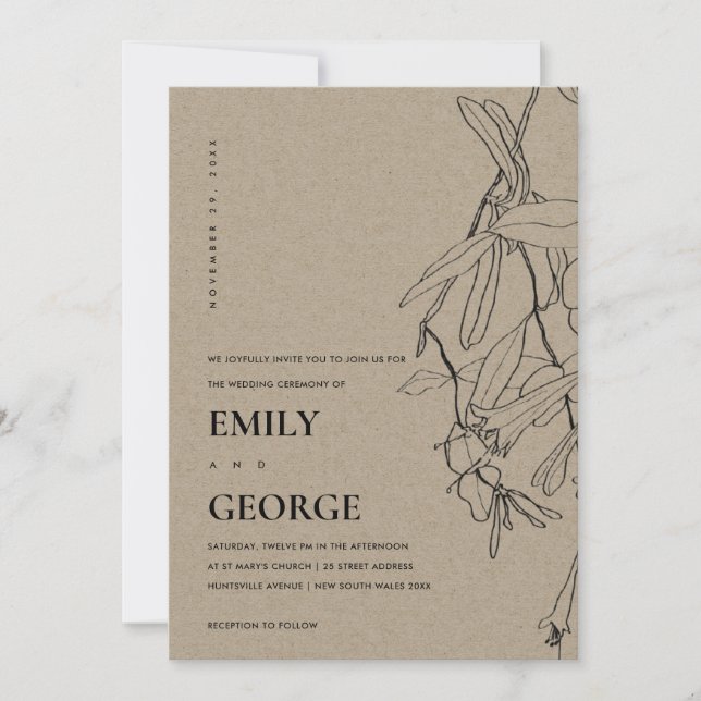 INVITACIÓN DE BODA FLORAL DE LA LÍNEA DE KRAFT MOD (Anverso)