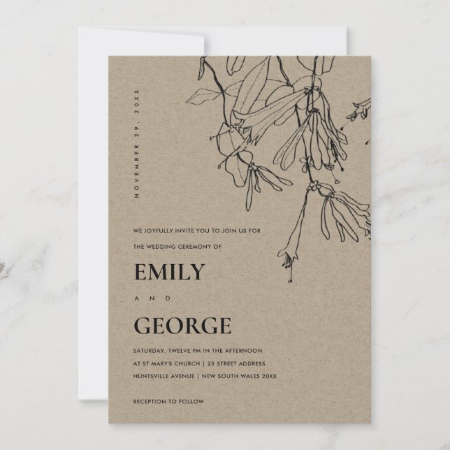 INVITACIÓN DE BODA FLORAL DE LA LÍNEA DE KRAFT MOD (Anverso)