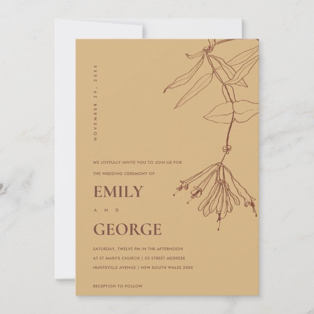INVITACIÓN DE BODA FLORAL DE LA LÍNEA OCRE AMARILL (Anverso)