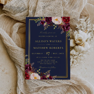 invitación de boda floral de la marina burgundy ma