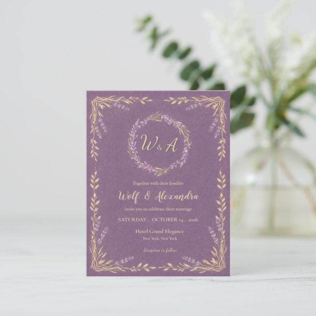 Invitación de boda floral de lavanda (Anverso de pie)