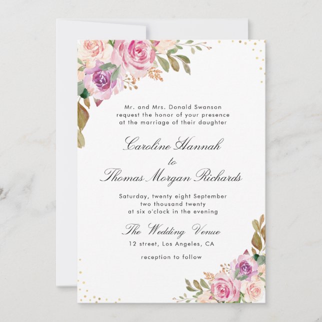 invitación de boda floral de lavanda morada y rubo (Anverso)