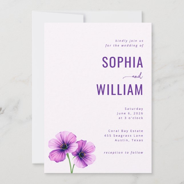 Invitación de boda floral de lavanda serena (Anverso)