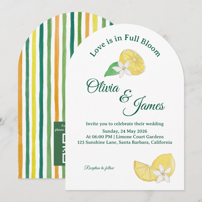 Invitación de boda floral de limón cítrico con arc (Anverso / Reverso)