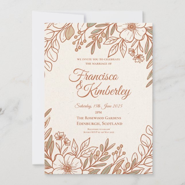 Invitación de boda floral de línea de oro rosa (Anverso)