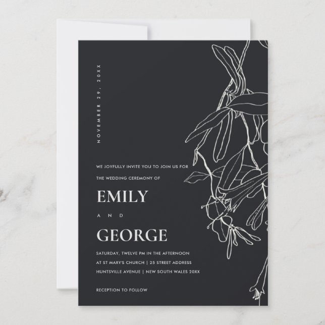 INVITACIÓN DE BODA FLORAL DE LÍNEA NEGRA Y BLANCA (Anverso)