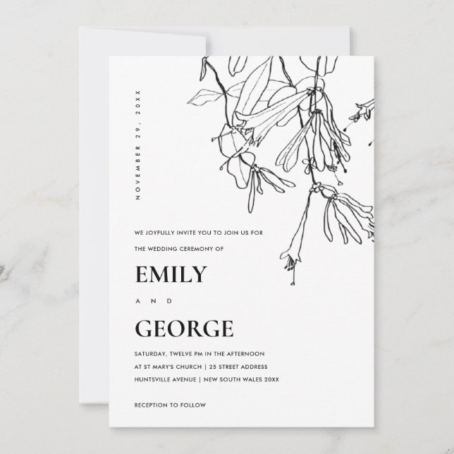 INVITACIÓN DE BODA FLORAL DE LÍNEA NEGRA Y BLANCA (Anverso)