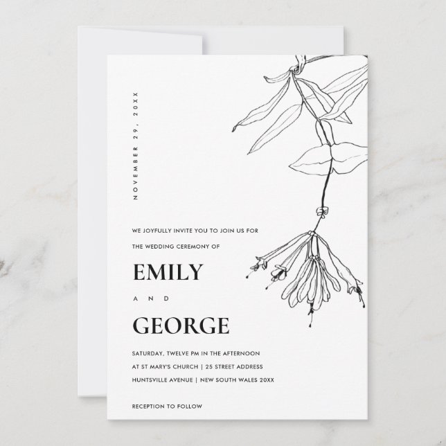 INVITACIÓN DE BODA FLORAL DE LÍNEA NEGRA Y BLANCA (Anverso)