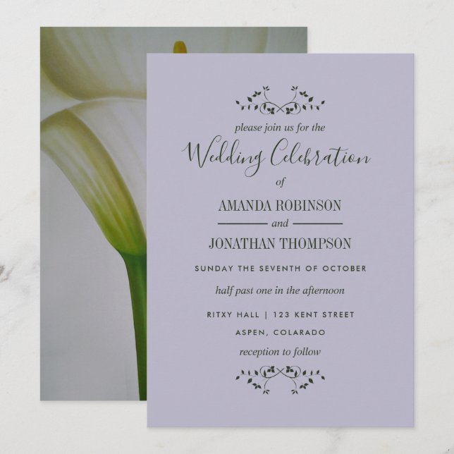 Invitación de boda floral de lirio de Calla (Anverso / Reverso)