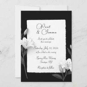Invitación de boda floral de lirio en blanco y neg
