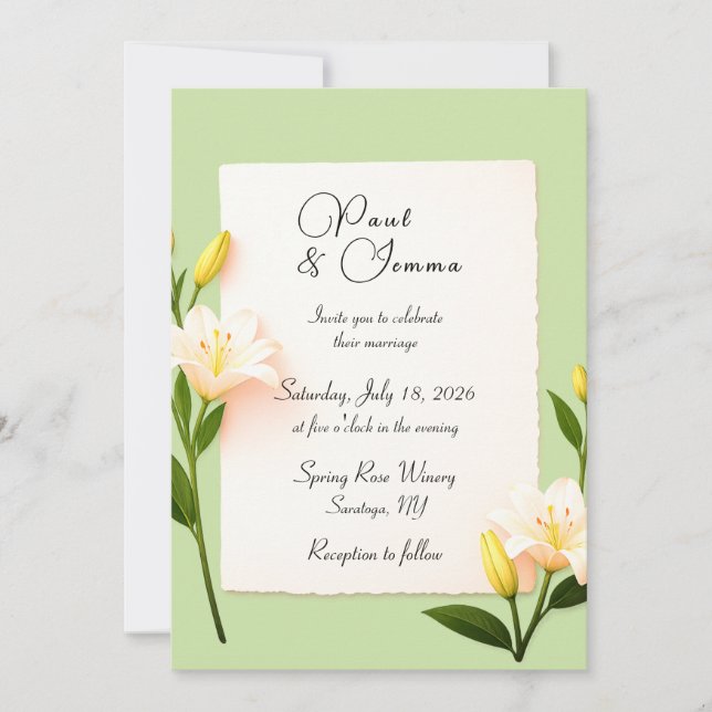 Invitación de boda floral de lirio verde salvia (Anverso)