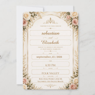 Invitación de boda floral de lujo en marfil y dora
