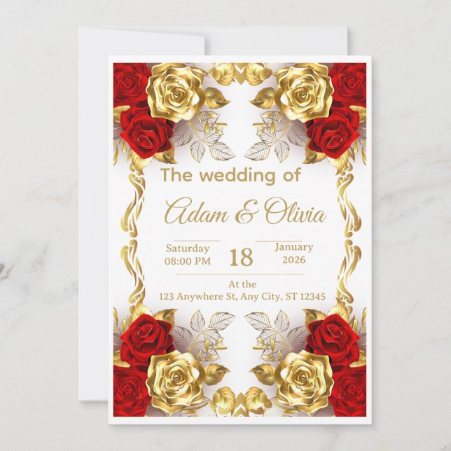 Invitación de boda floral de lujo roja y dorada (Anverso)