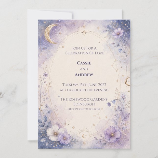 Invitación de boda floral de luna morada (Anverso)