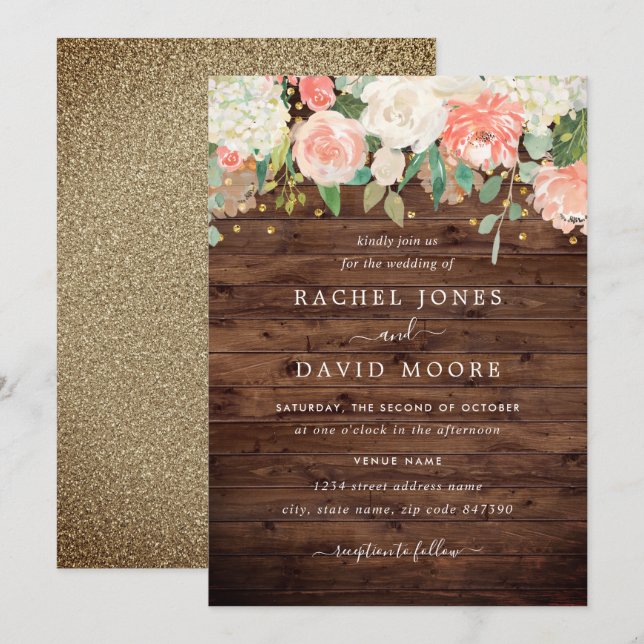 Invitación de Boda Floral de Madera Rústica con Ru (Anverso / Reverso)