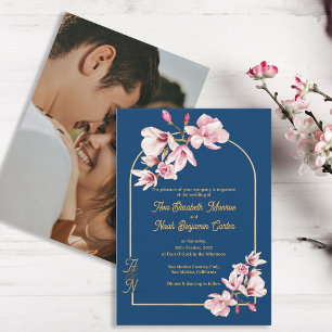 Invitación de boda floral de magnolia Navy