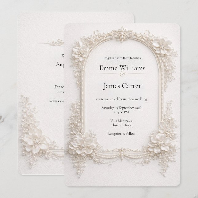 Invitación de boda floral de marfil elegante. (Anverso / Reverso)