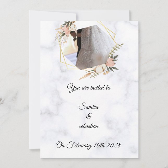 Invitación de boda floral de mármol dorado elegant (Anverso)