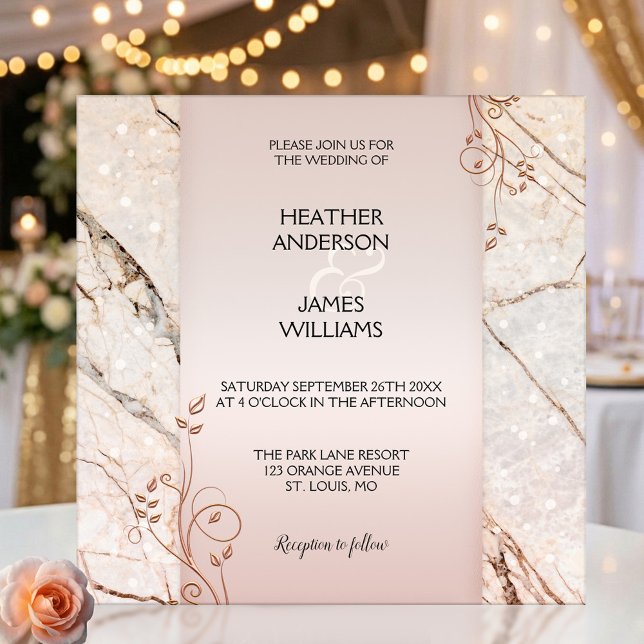 Invitación de boda floral de mármol dorado rosa el (Wedding invitation featuring rose gold floral swirls on pink marble with elegant  light sparkles)