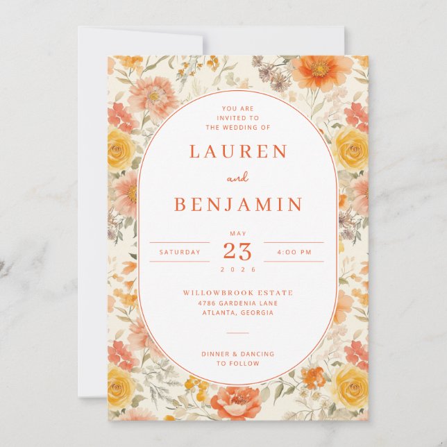 Invitación de Boda Floral de Melocotón Alegre (Anverso)