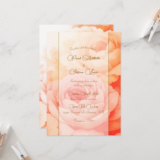Invitación de boda floral de melocotón elegante (Anverso/Reverso In Situ)
