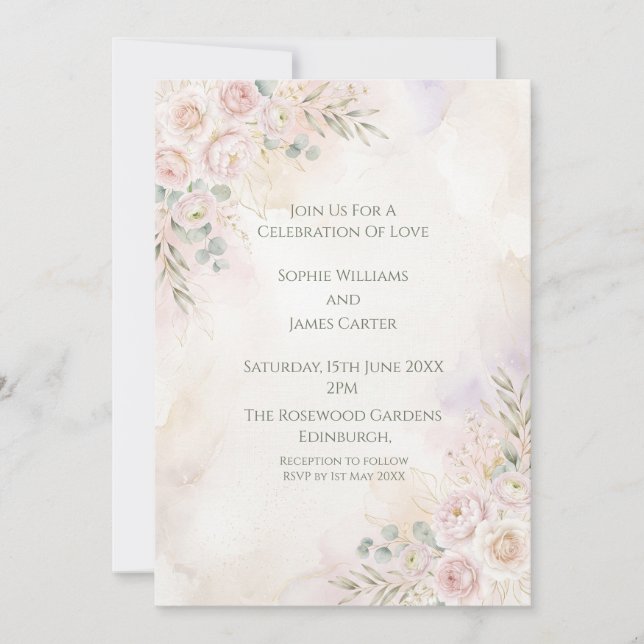 Invitación de boda floral de melocotón suave (Anverso)