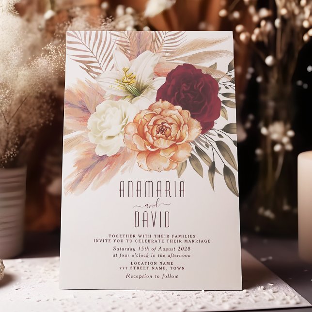 Invitación de boda floral de melocotón y borgoña (Subido por el creador)