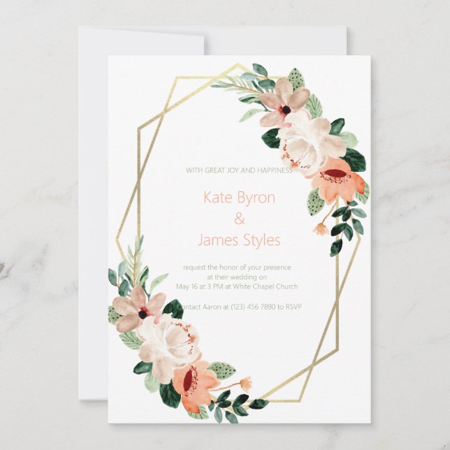 Invitación de boda floral de melocotón y crema (Anverso)