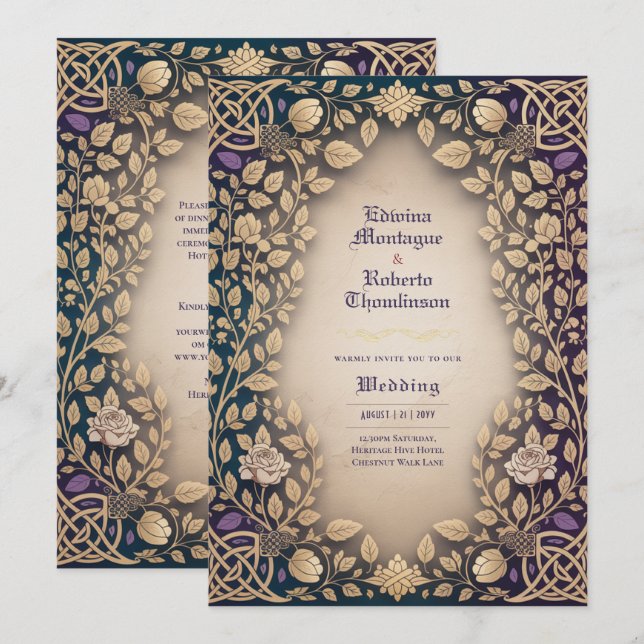 Invitación de Boda Floral de Nudo Celta Medieval d (Anverso / Reverso)