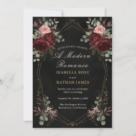 Invitación de boda floral de oro de Borgoña negra