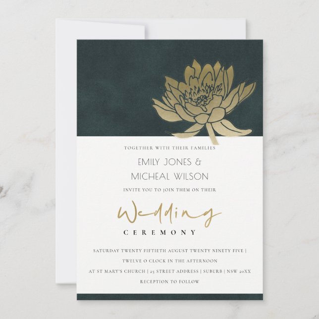 INVITACIÓN DE BODA FLORAL DE ORO EMERALD VERDE LOT (Anverso)