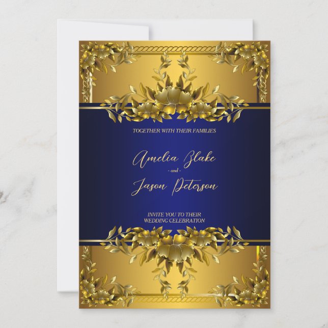 Invitación de Boda Floral de Oro Lujoso (Anverso)