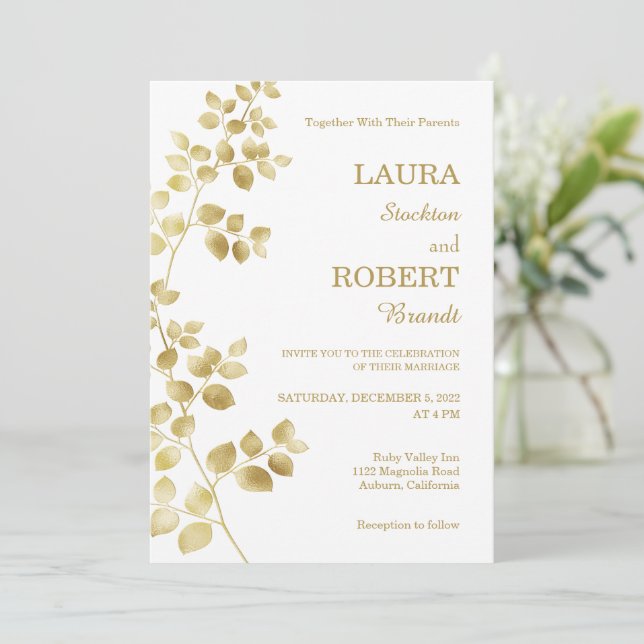 Invitación de boda floral de oro moderna (Anverso de pie)