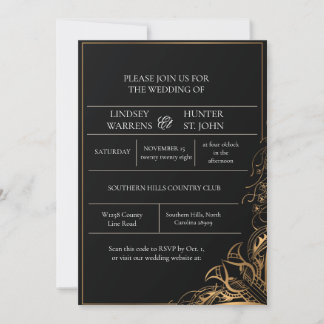 Invitación de boda floral de oro negro