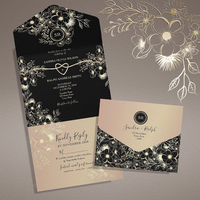 Invitación de Boda Floral de Oro Negro Todo en Uno (Subido por el creador)