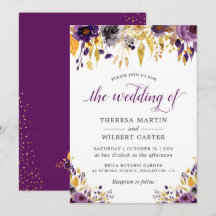 Invitación de boda floral de oro púrpura
