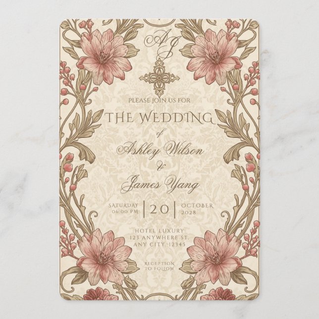 Invitación de boda floral de oro rosa botánico (Anverso)