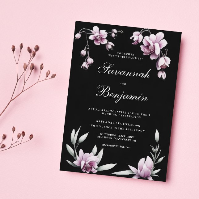 Invitación de boda floral de orquídea rosa y lila  (Watercolor black lilac pink orchid floral wedding)