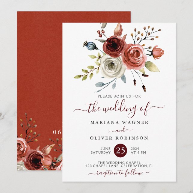 Invitación de boda floral de otoño (Anverso / Reverso)