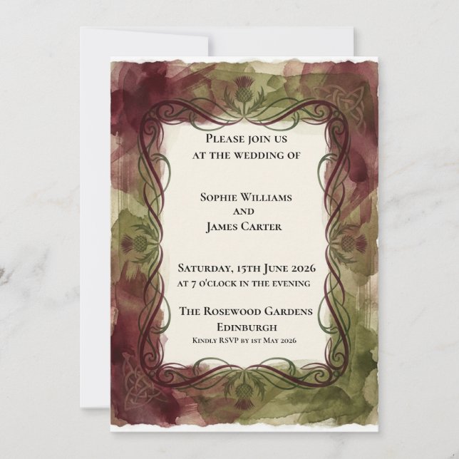 Invitación de boda floral de otoño borgoña (Anverso)