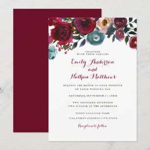 Invitación de boda floral de otoño en rojo borgoña